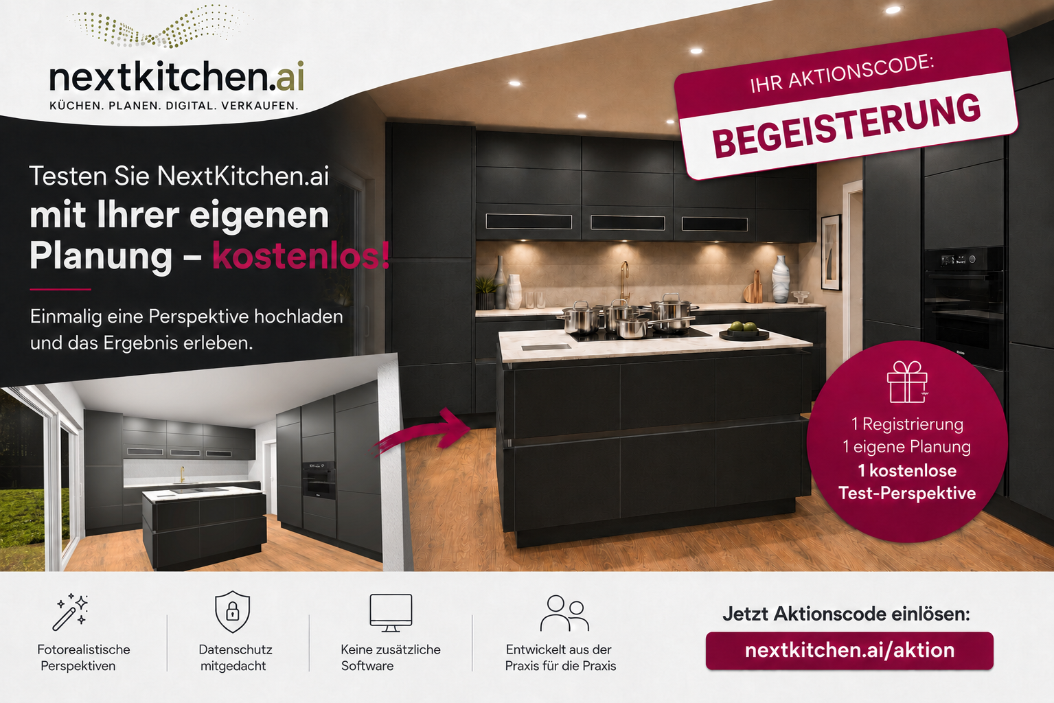NextKitchen.ai Aktionscode BEGEISTERUNG - Testen Sie Ihre eigene Kuechenplanung kostenlos